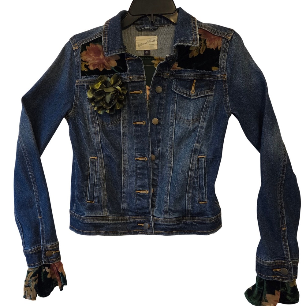 Upcycled Denim Jacket with Floral Sheer Green Panel Inlays Ruffled Sleeves XS - Picture 4 of 14
